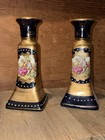 Pair Of Vintage Lemoge Design Cobalt Blue And Gold Gilt Floral Porcelain Candles