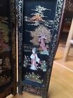 Antique Black Lacquer Hand Painted Asian Table Screen With Carved Figurines 16 