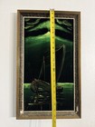 Vintage Painting On Velvet Of A Moonlight Ship At Sea Antique Green Groovy Boho 