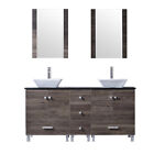 60   Brown Bathroom Vanity Cabinet Double Ceramic Sink Faucet Drain Mirror Combo