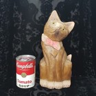 Vintage Carved Wood Cat Glass Eyes Pink Bow Tie Folk Art Kitten Sculpture 10 5 