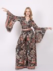 Women Printed Two Piece V Neck Wrap Top   Wide Leg Pant Co Ord Sets Dress 10pcs