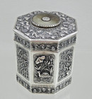 Magnificent Chinese Export Silver Tea Caddy Jade Nephrite Stone China Sterling