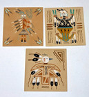 Vintage Navajo Set Of 3 Sand Art Paintings On Pressed Board Signed  6  X 6 