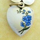 Antique Art Nouveau Turquoise Gem Enamel Forget Me Not Silver Slider Heart Charm