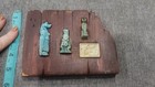 Antique Faience 3 Amulets On A Red Piece Of Wood From Egypt 