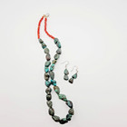 Native American Turquoise Nugget Necklace Coral Bead Matching Earrings 22 In