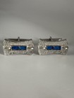 Vintage Mid Century Silver Tone Blue Baguette Cufflinks Bark Textured Retro Mcm