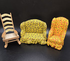 Vintage Miniature Dollhouse Furniture  Upholstered Armchair  Sofa  Wood Rocker