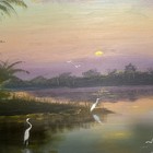 Highwaymen Style Florida Sunset With Egrets  9    X  15    Oil On Wood Panel