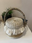 Medium Boho Hand Woven Decorative Market Storage Basket W lid   Fringe