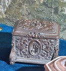 Antique French Ab Paris Jewelry Casket Box Tufted Blue Silk Interior