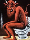 Devil On The Toilet   18 x 22  Hand Painted velvet Painting  Vintage  Wood Frame