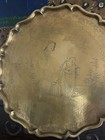 Vintage 11 5    Round Heavy Solid Brass Etched Asian Themed Tray Scalloped Edge