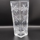Vintage Heavy Cut Crystal Square Vase 10  Tall Starburst Pinwheel Floral Pattern