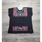Women s Mexican Embroidered Blouse Black Floral Artisan Short Sleeve Top Size M