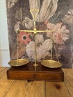 Antique Apothecary Or Farm Brass  Balance Scale W weights Wooden Base W drawer