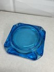 Vintage Mid Century Aqua Blue Glass Square Ashtray 4 Notch Cigar Or Cigarette
