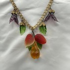Vintage Fruit Salad Tutti Frutti Lucite Pear Necklace Leaves Gold Tone Chain 18   