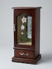 Vintage Dark Wood Jewelry Box With Stained Glass Floral Design