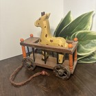 Vtg 1990 Hand Carved Painted Giraffe Wooden Replica Pull Toy Decoration Wheel