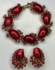 Vintage Ruby Red Glass Rhinestone Gilt Gold Tone Cabochon Bracelet   Earring Set