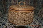 Victorian Round Sewing Basket Woven Wicker Orange Silk Lining   190 