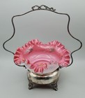 Beautiful Victorian Pink Bride   s Basket With Silver Plated Holder