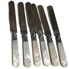Antique Mother Of Pearl Handle Sterling Ferrule Dessert Knives Set 6 Swirl Mop