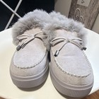 Women s Gray Moccasin Slippers Faux Fur Lined Slip-on Non-slip Bow Size 7
