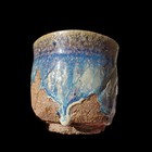 Japanese Style Yuni Footed Cup Drippy Ceramic Pottery Art Signed Rustic 8 Oz