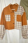Women 2 Piece Set Cropped Plaid Patchwork Jacket Olive Green Wrap Mini Skirt 