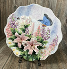 Butterfly And 3d Flowers Ceramic Plate Hand Painted Blue Butterfy Pink Daylilies