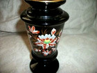 Antique Black Amethyst Glass Vase Hp Floral Victorian Bohemian Handblown Pontil