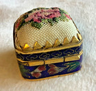 Vintage Floral Needlepoint Jewelry Trinket Pill Box Cobalt Glass Interior