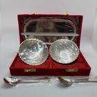 Vtg 5 Pc Silver Tone Bowl Spoon Tray Set W  Red Velvet Box