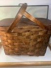Picnic Basket Antique C 1920s Wooden Lid Woven Rattan Huge Rustic Aged Patina