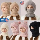 Winter Knit Hat With Fleece Lining And Ear Flaps 3-in-1 Beanie Scarf Mask Set Tl