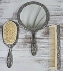 Vtg 3 Pc Silver Plate Victorian Style Dresser Vanity Set Mirror Brush And Comb 