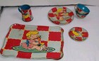 1950 s Ohio Art Girl With Dolly 11 Piece Childs Tin Litho Tea Set
