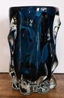 Vintage Cobalt Blue   Clear Sculptural Art Glass Vase Heavy Modernist Design 9 