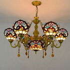 Vintage Victorian Style Chandelier Stained Glass 7 Shade Pendand Light W Crystal