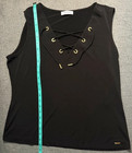 Calvin Klein Womens Black Lace Up V-neck Sleeveless Blouse Gold Hardware Top