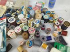 Vintage Sewing Supplies Wooden Spools Of Thread Buttons Needles Lots More 