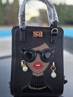Mini Black Top Handle Satchel Drawstring Bag Pearl Accents Face Applique