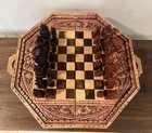 Indonesian Carved Wooden Chess Set Folding Case Mid-century Folk Art Vtg  read 