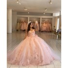 Pink Quinceanera Dresses With Bow 3d Floral  Off Shoulder Sweet 15 16 Ball Gowns