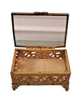 Vtg Hollywood Regency Style Footed Gold Filigree Glass Jewelry Trinket Box Lined