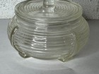 Antique Vintage Art Deco Powder Jar Ribbed Glass Clear Lid Vanity Dresser Box