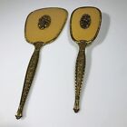 Vintage Gold Plated Hand Mirror   Hair Brush Set   Floral Design   Vanity
